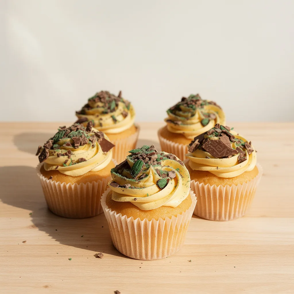 Five yellow cupcakes with green and brown chocolate pieces on swirled yellow frosting