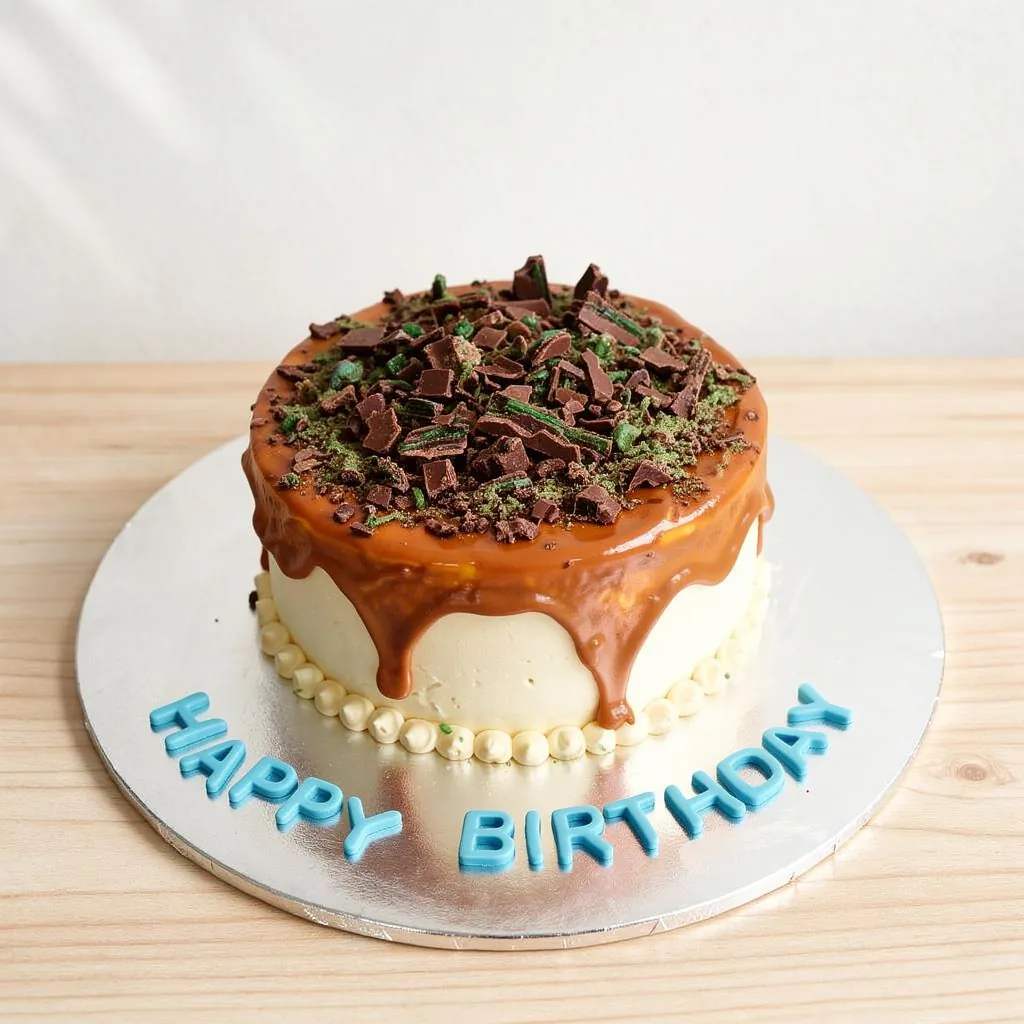 Round cake with white frosting topped with caramel drip and crushed chocolate mint pieces
