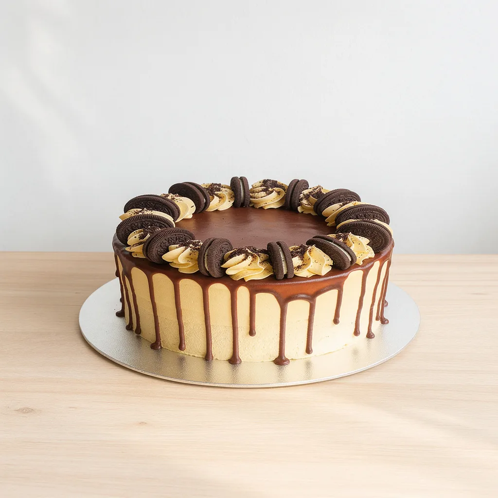 Round chocolate drip cake with cookies and cream frosting topped with Oreo cookies