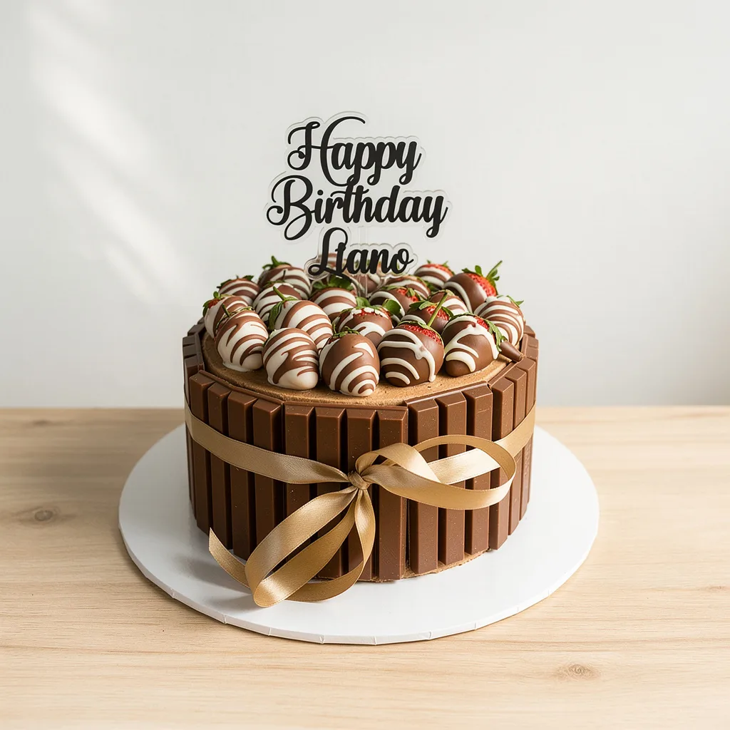 Chocolate cake decorated with KitKat bars, gold ribbon, and chocolate-dipped strawberries with white drizzle