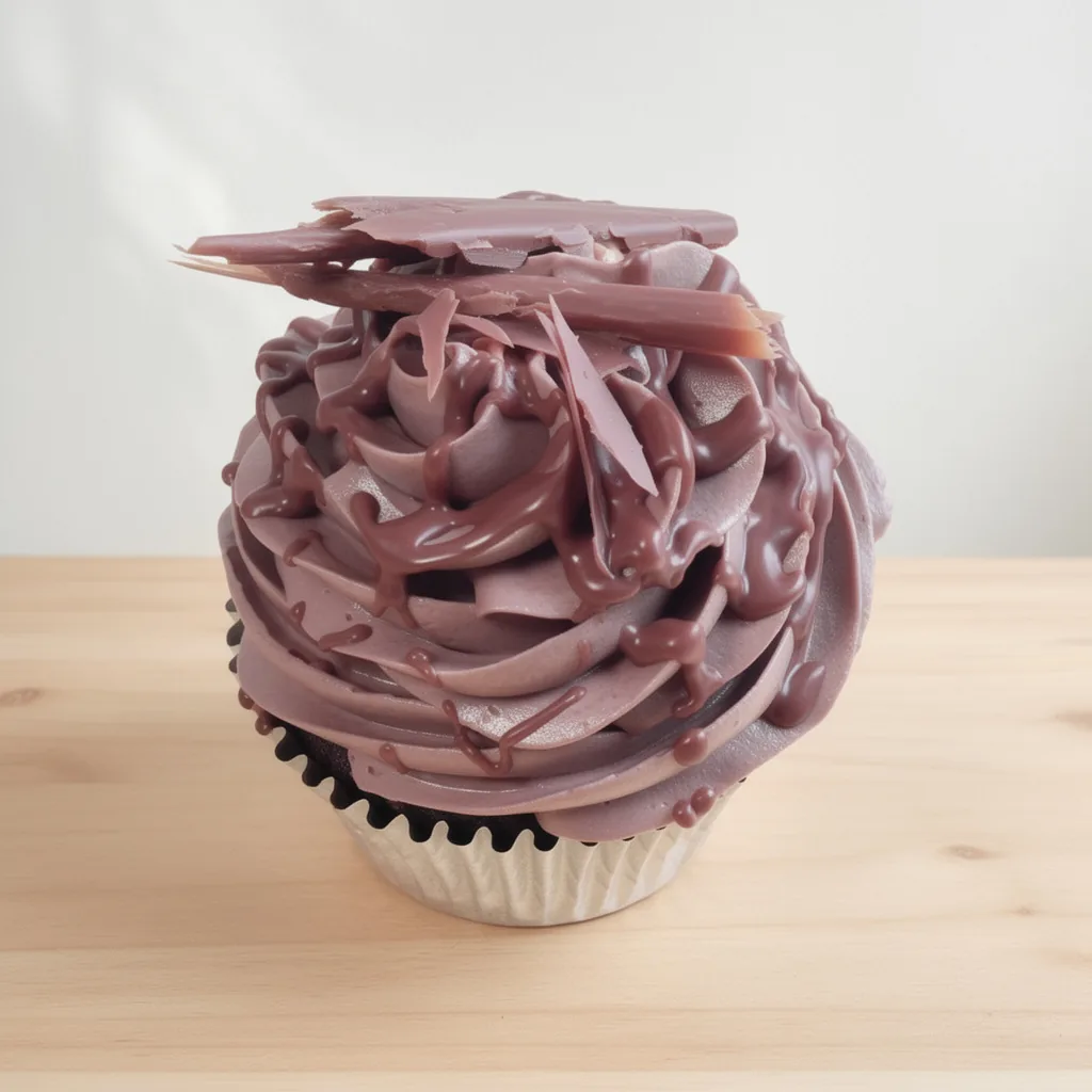 Cupcake with swirled purple and chocolate frosting topped with chocolate shavings