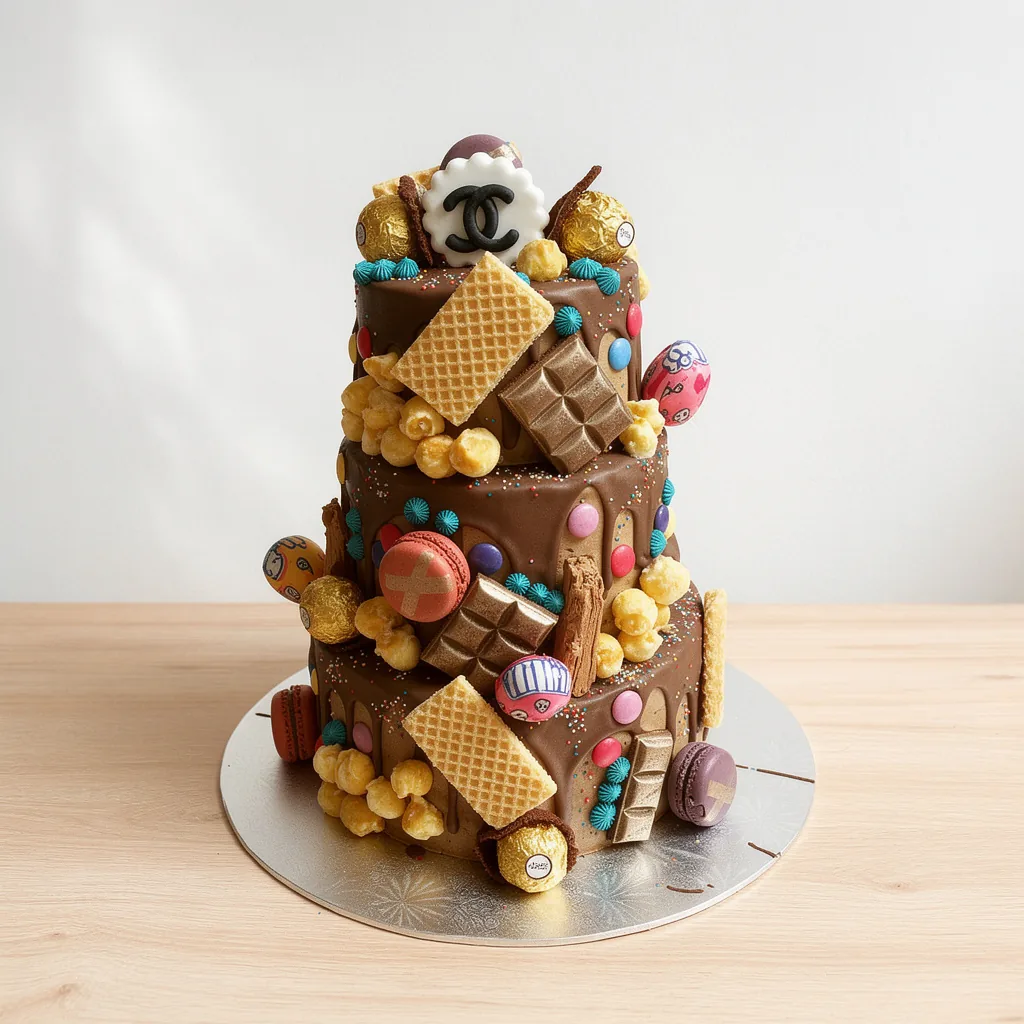 Three-tier chocolate drip cake decorated with wafers, chocolate bars, macaroons, popcorn, and candy-coated chocolates