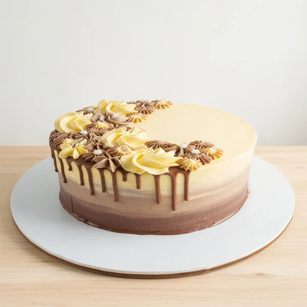 Round ombre cake with chocolate and vanilla frosting, topped with chocolate drips and piped cream swirls
