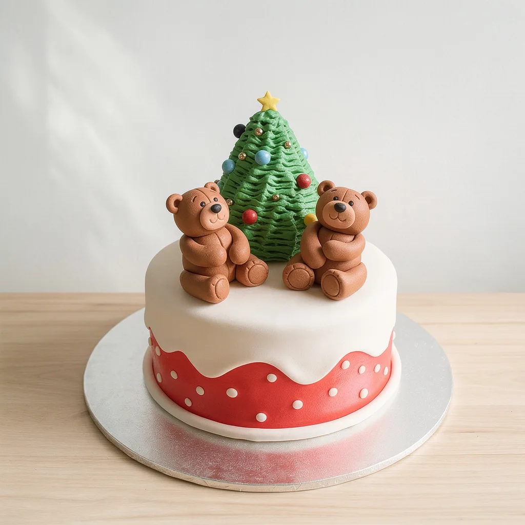 Round white cake with red and white polka dot trim topped with two brown teddy bears and a decorated Christmas tree