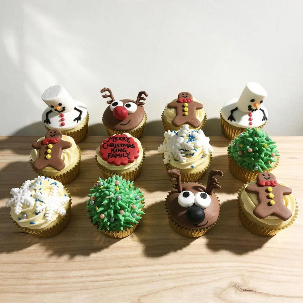 A dozen festive cupcakes decorated as snowmen, reindeer, gingerbread men, Christmas trees, and snowflakes.