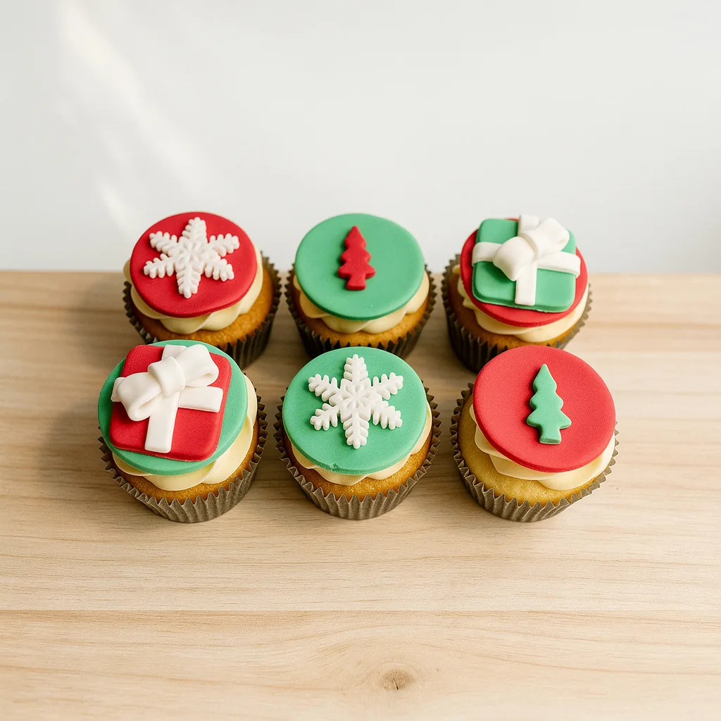 Six Christmas-themed cupcakes with red, green fondant and white decorations including snowflakes, trees, and presents