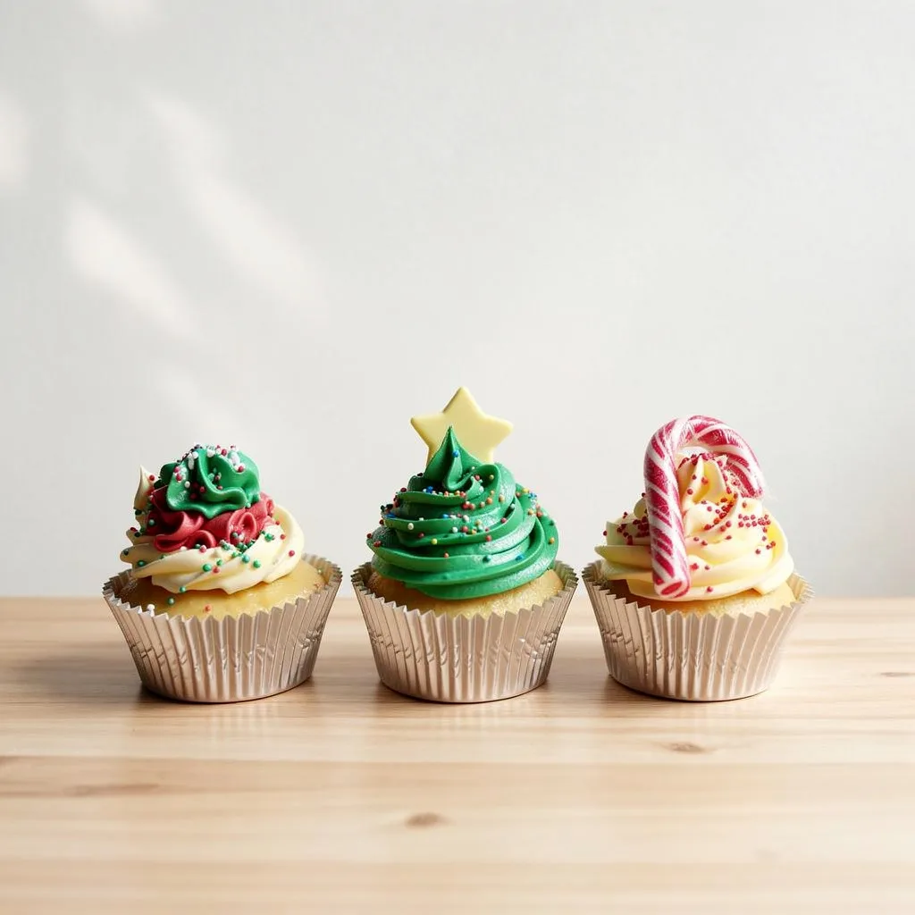 Three Christmas-themed cupcakes with red, green, and white swirled icing topped with festive sprinkles, a star, and a candy…