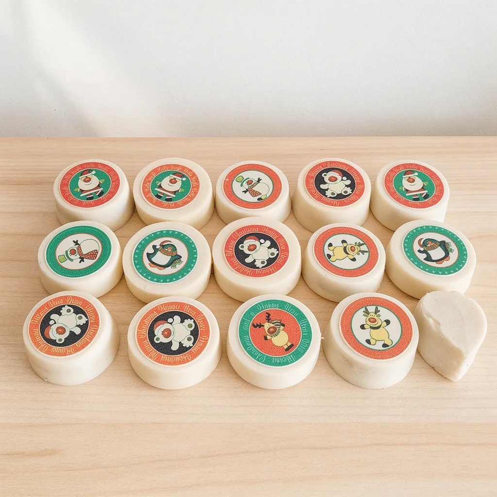 White round fudge pieces with various festive Christmas character stickers on top arranged on a wooden surface