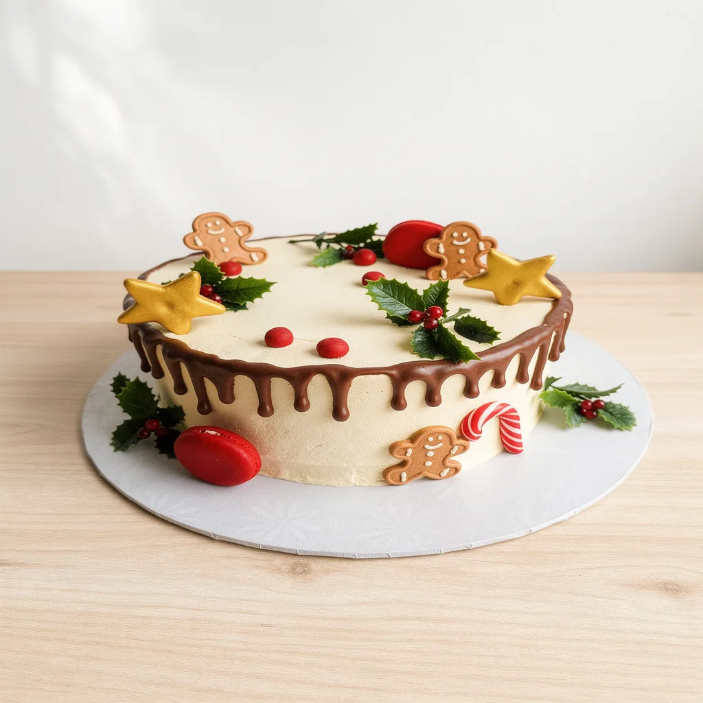 Round cake with white icing, chocolate drip, gingerbread cookies, red macarons, candy canes, holly leaves and berries