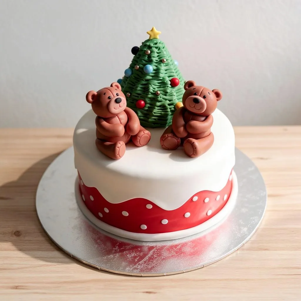 Round cake with white fondant, red wavy band with white polka dots, topped with two brown teddy bears and a decorated…