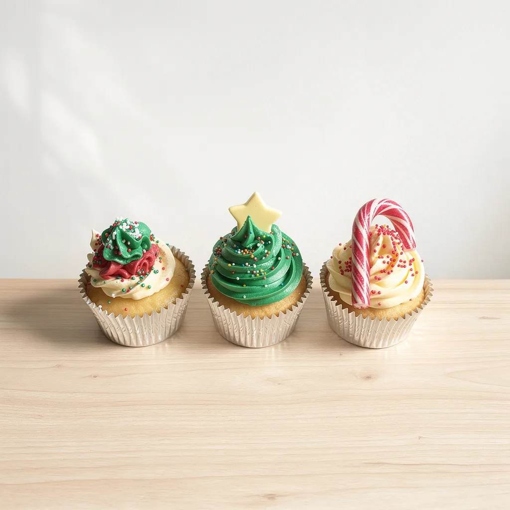 Three Christmas-themed cupcakes with green, red, and white frosting, decorated with a star, sprinkles, and a candy cane