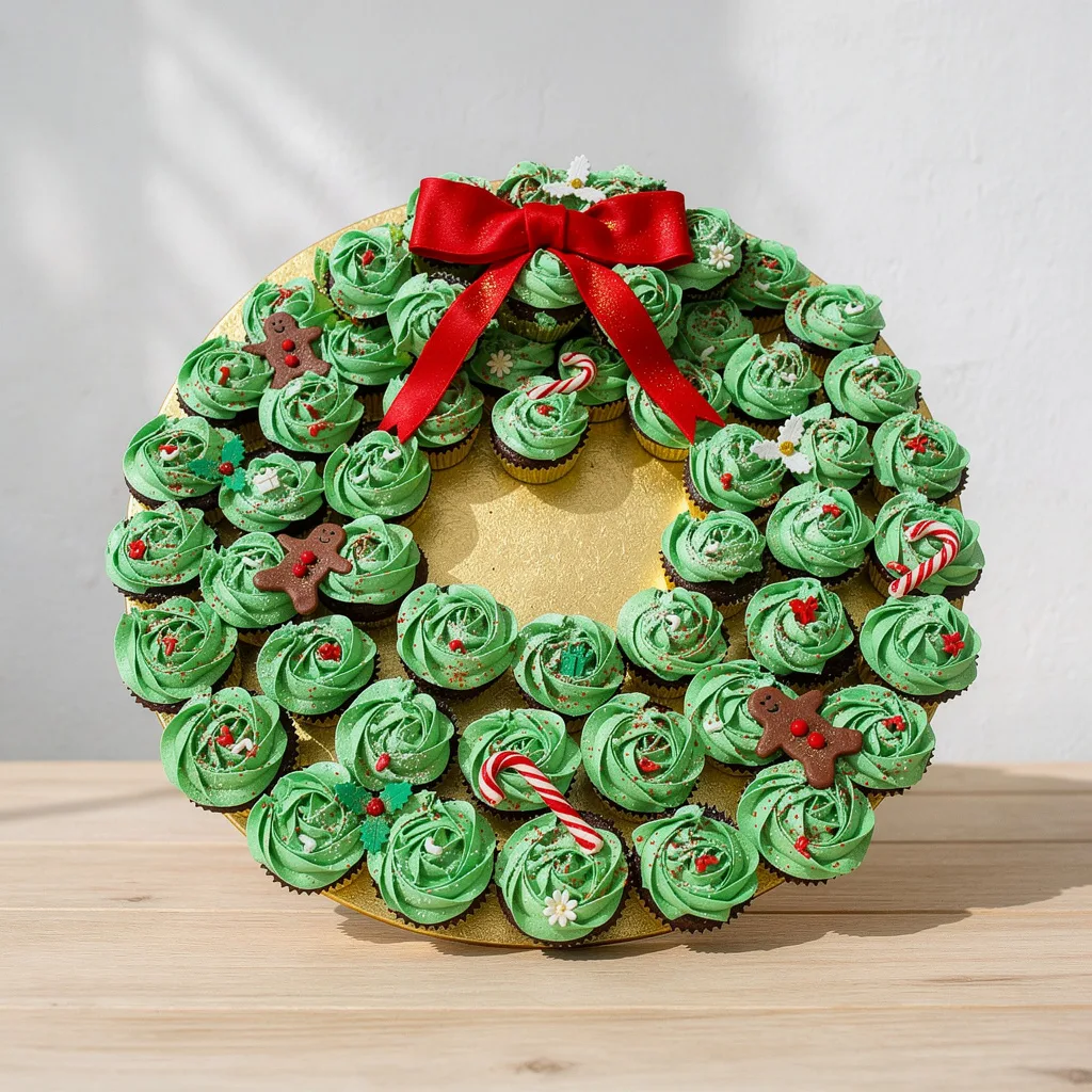 Cupcakes decorated with green frosting and red holiday-themed toppings arranged in a wreath shape with a red bow