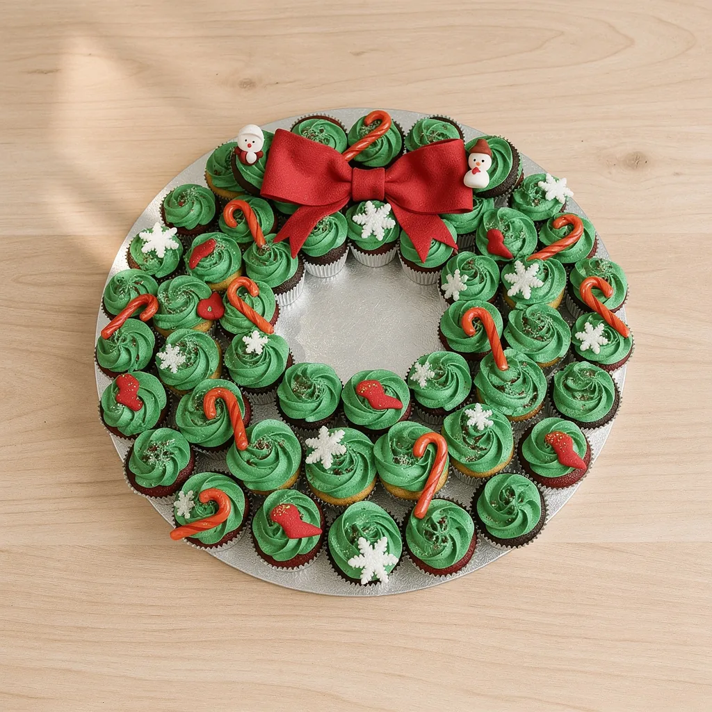 Festive cupcake wreath with green frosting, red candy canes, white snowflakes, and red bow