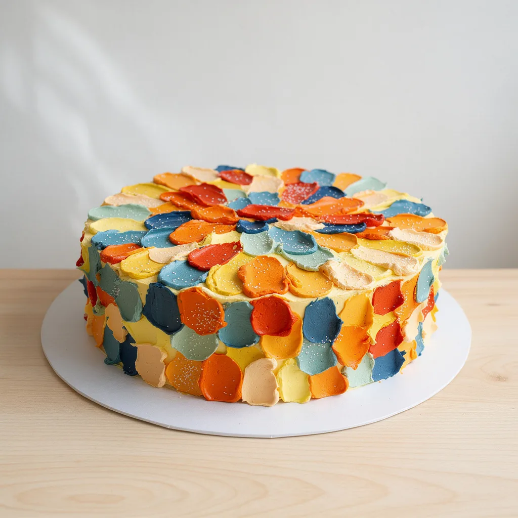 Round cake with colorful petal-shaped frosting decorations in orange, blue, yellow, and beige tones