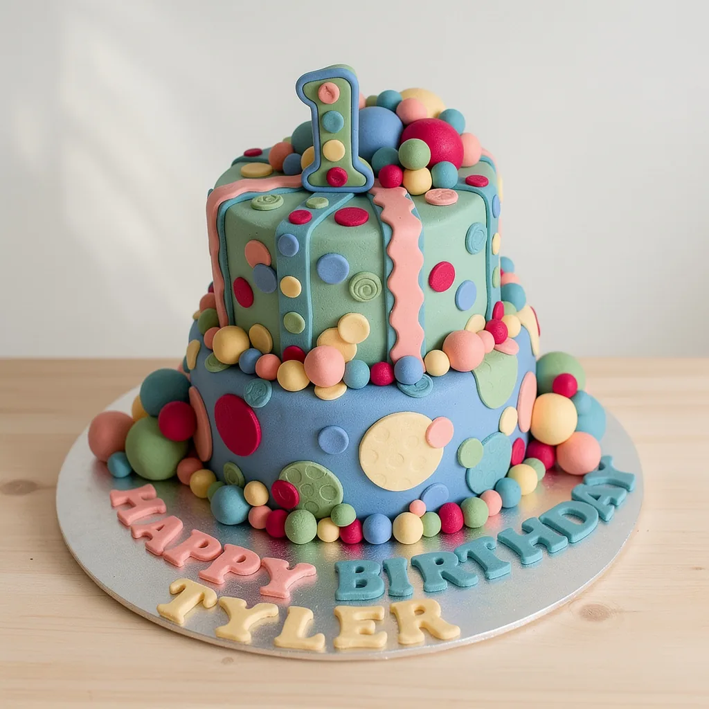 Two-tier birthday cake with pastel polka dots and a large number one topper