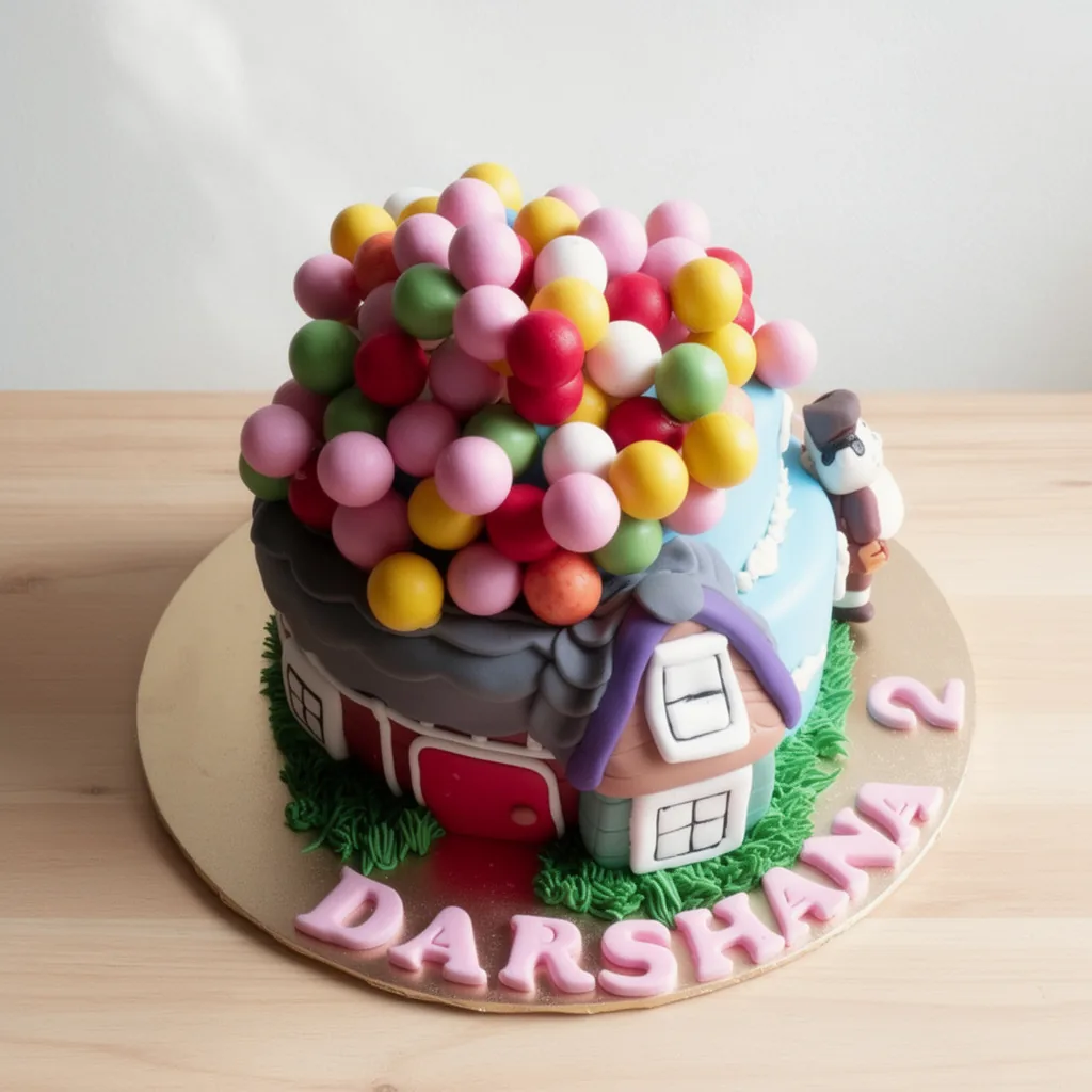 Two-tier cake shaped like a house with a roof made of colorful round balloons and a figure beside it