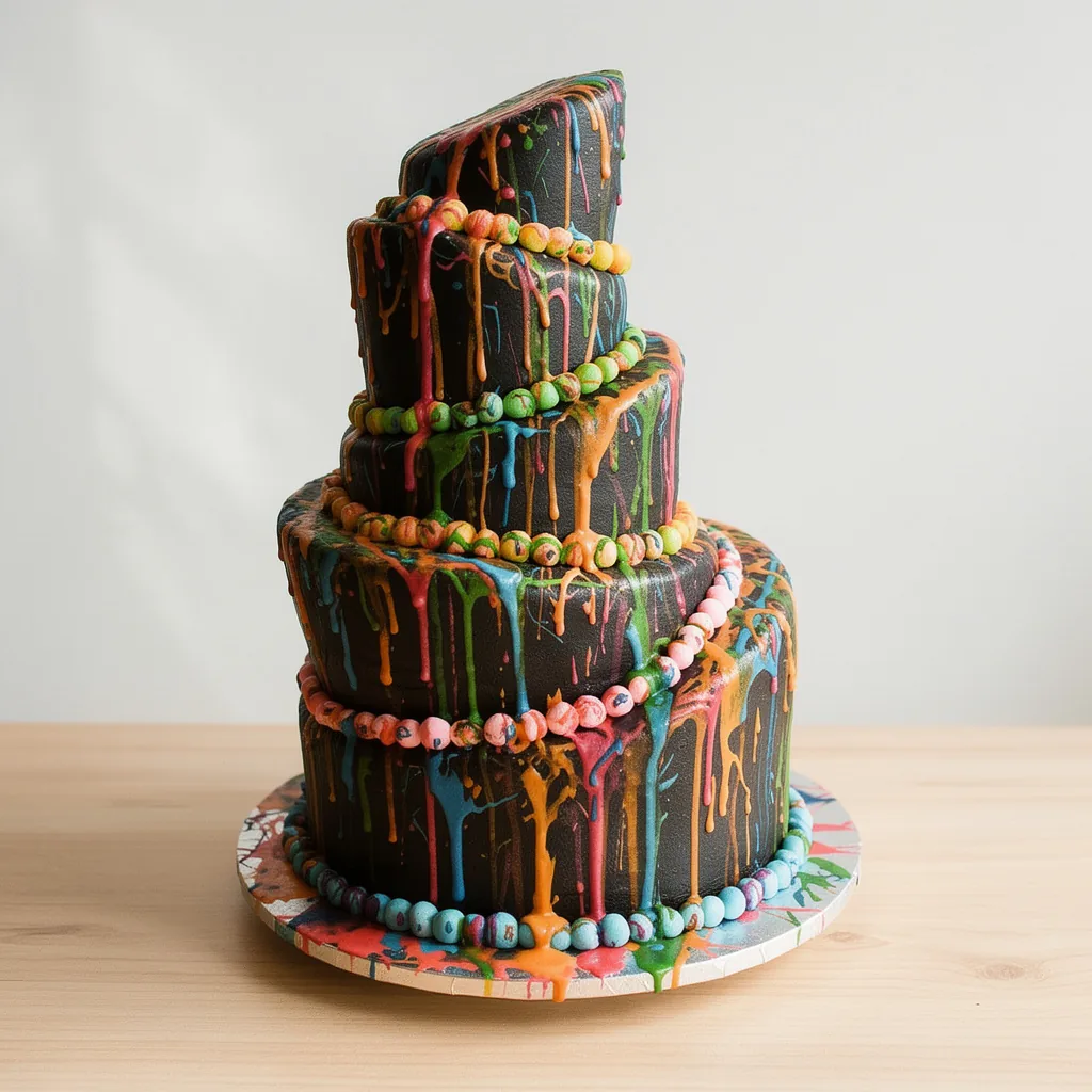 Four-tier tilted cake with black icing and multicolored drip decoration with matching round candies