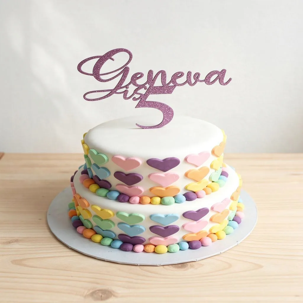 Two-tier white cake decorated with pastel heart shapes and rainbow candy beads