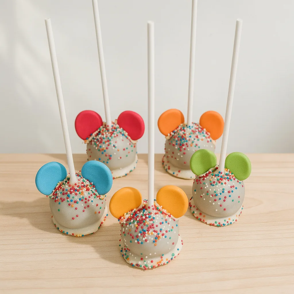 Five white chocolate cake pops decorated with colorful mouse ears and rainbow sprinkles