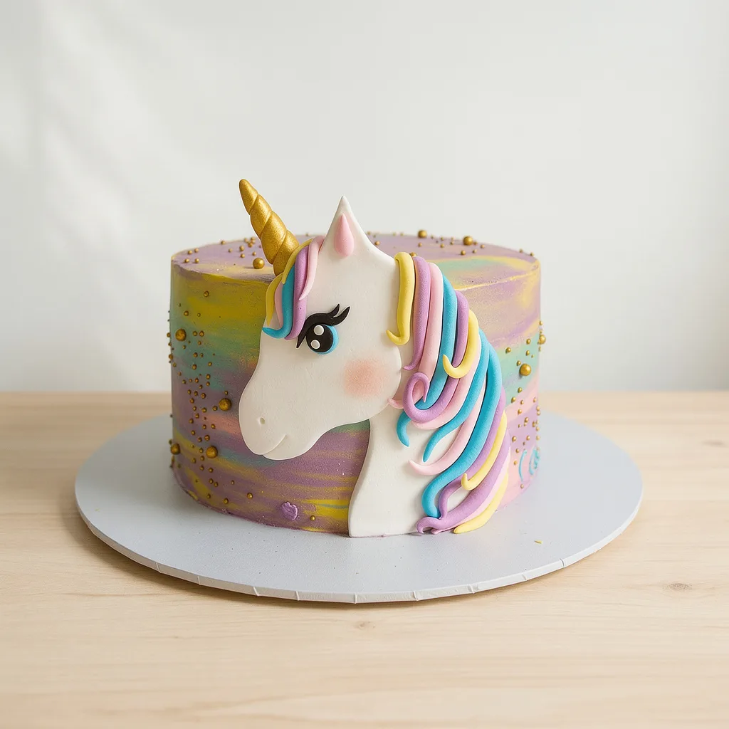 Round cake with a pastel swirl background and a large white unicorn head decoration with a golden horn
