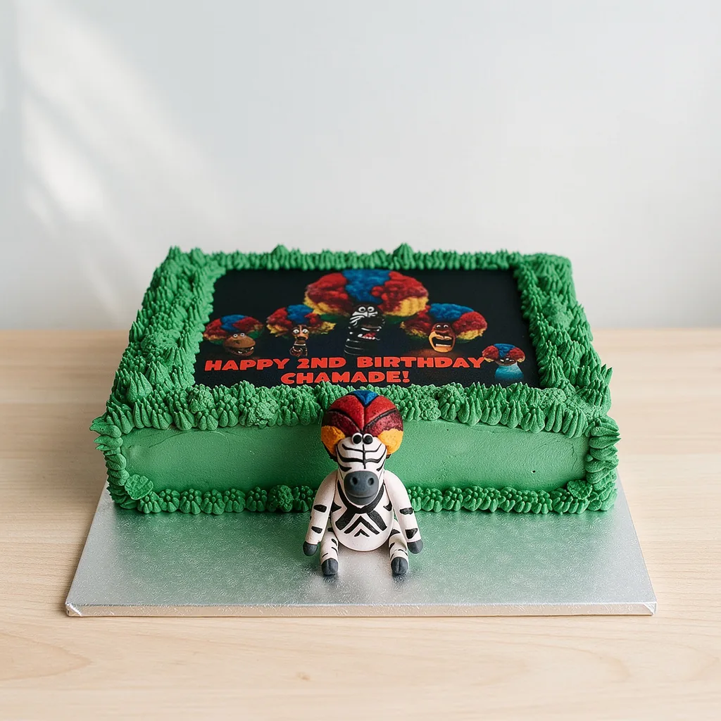Square green frosted birthday cake with a colorful zebra figure and character print on top