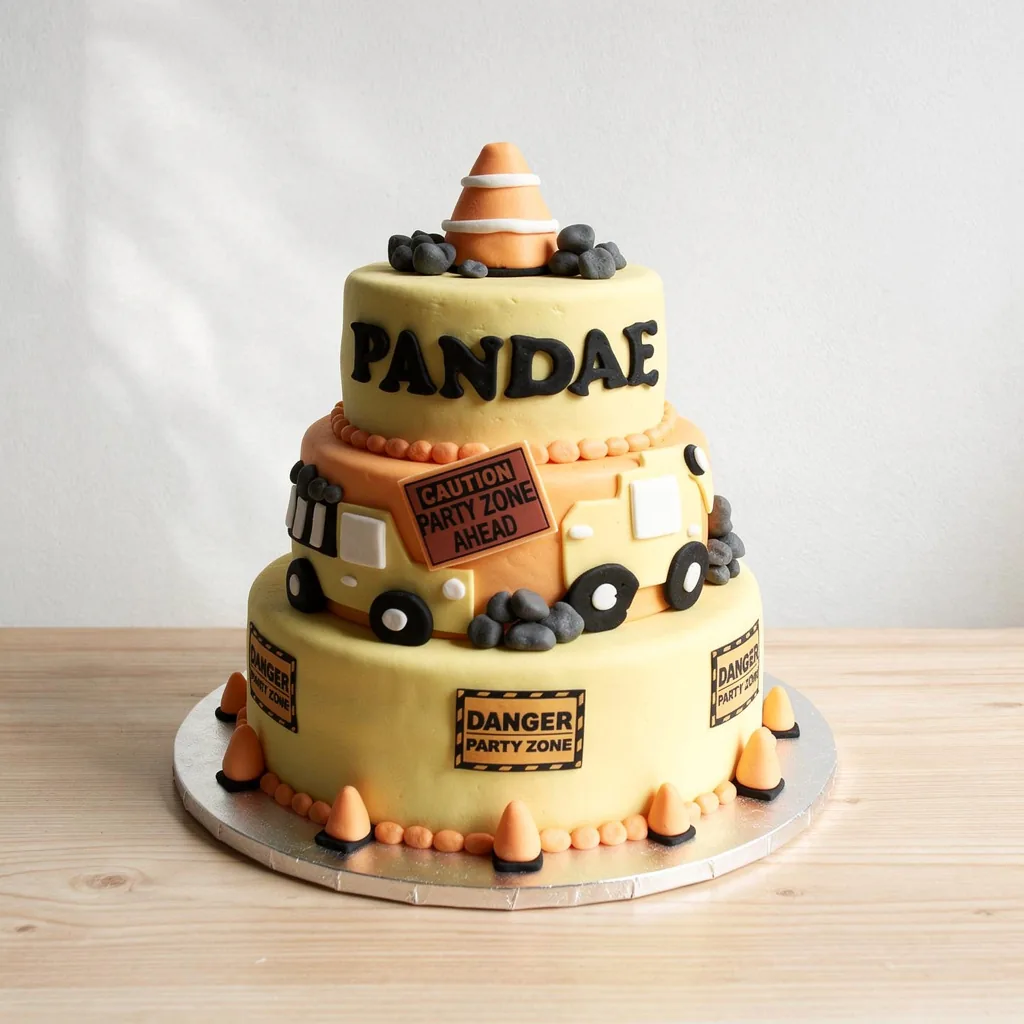 Three-tier yellow and orange party cake with fondant construction cones, trucks, and caution signs