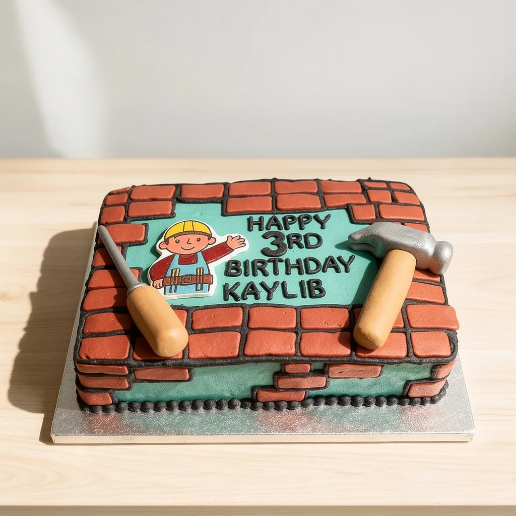 Rectangular birthday cake decorated with red bricks, toy hammer, screwdriver, and cartoon builder