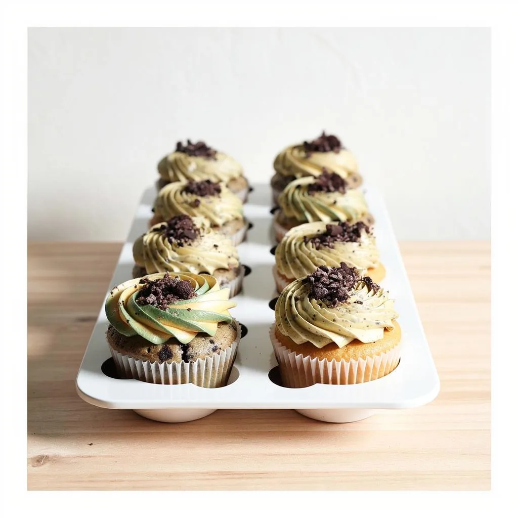 Eight cupcakes with creamy swirled frosting and cookie crumb toppings in a white tray