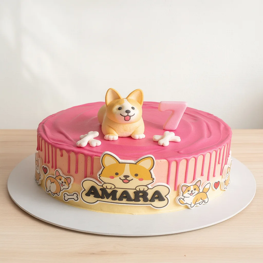 Round cake with pink drip icing and corgi dog decorations including a fondant corgi and bone shapes