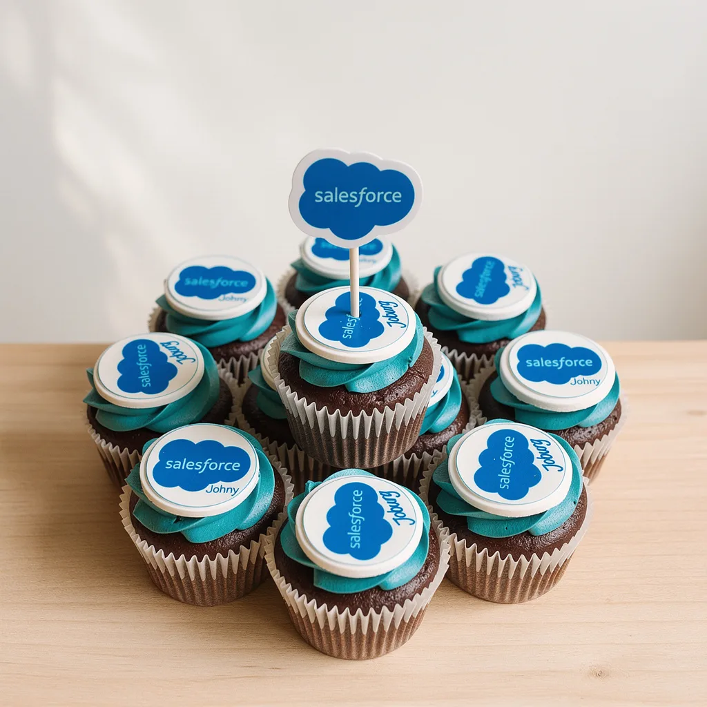 Chocolate cupcakes with blue frosting topped with edible Salesforce logo toppers