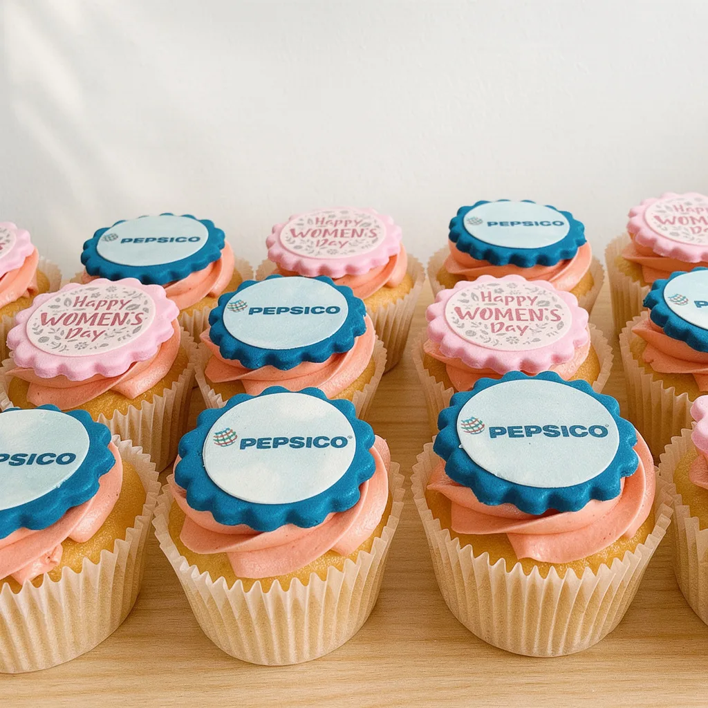 Cupcakes with pink frosting topped with pink Happy Women's Day and blue Pepsico edible toppers