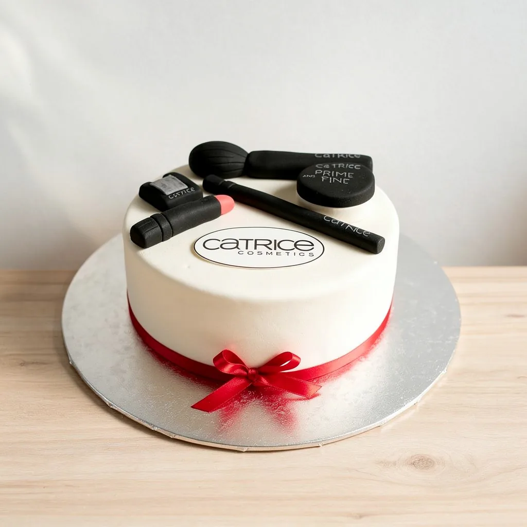Round white cake with red ribbon and edible black makeup decorations including brush, lipstick, and powder with text