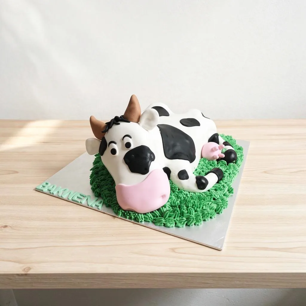 A custom cake shaped like a black and white cow lying on green icing grass on a silver base