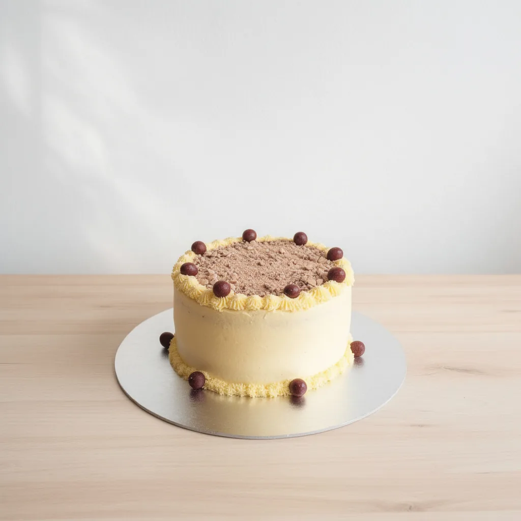 Round cake with creamy yellow frosting topped with chocolate crumbs and round chocolate balls