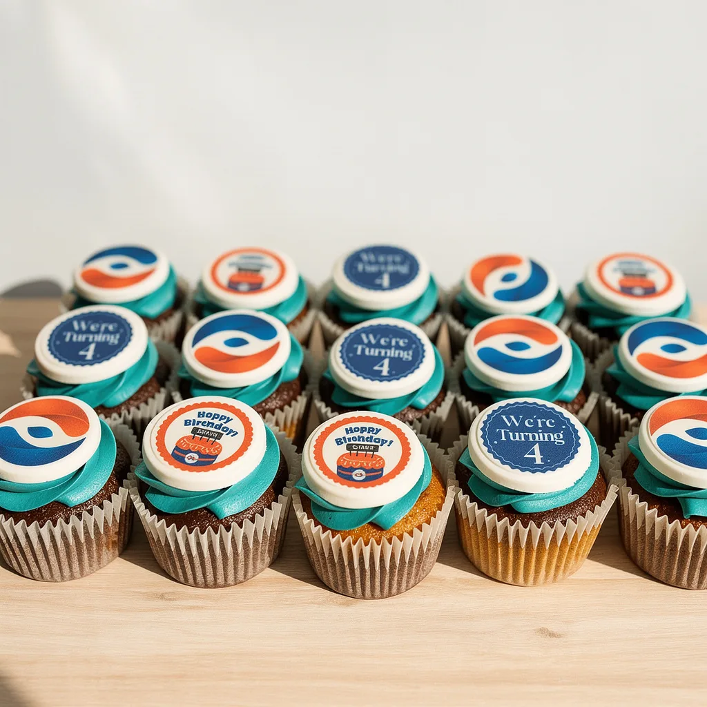 Cupcakes with teal frosting topped with edible logos and birthday messages