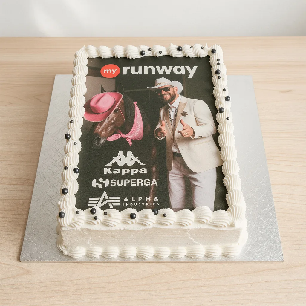Rectangular white frosted cake with printed edible image featuring a man in a white suit and a horse wearing a pink hat and…