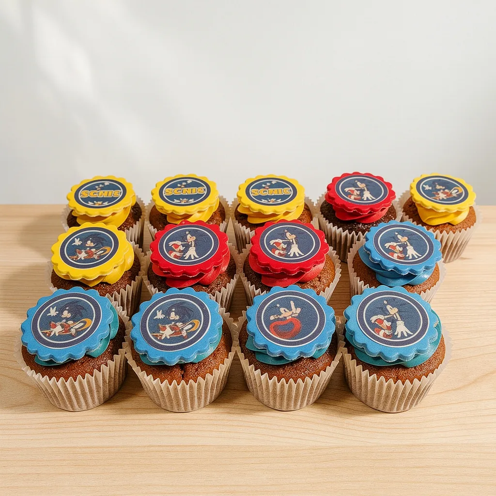 Cupcakes topped with colorful edible logos in yellow, red, and blue scalloped round fondant.