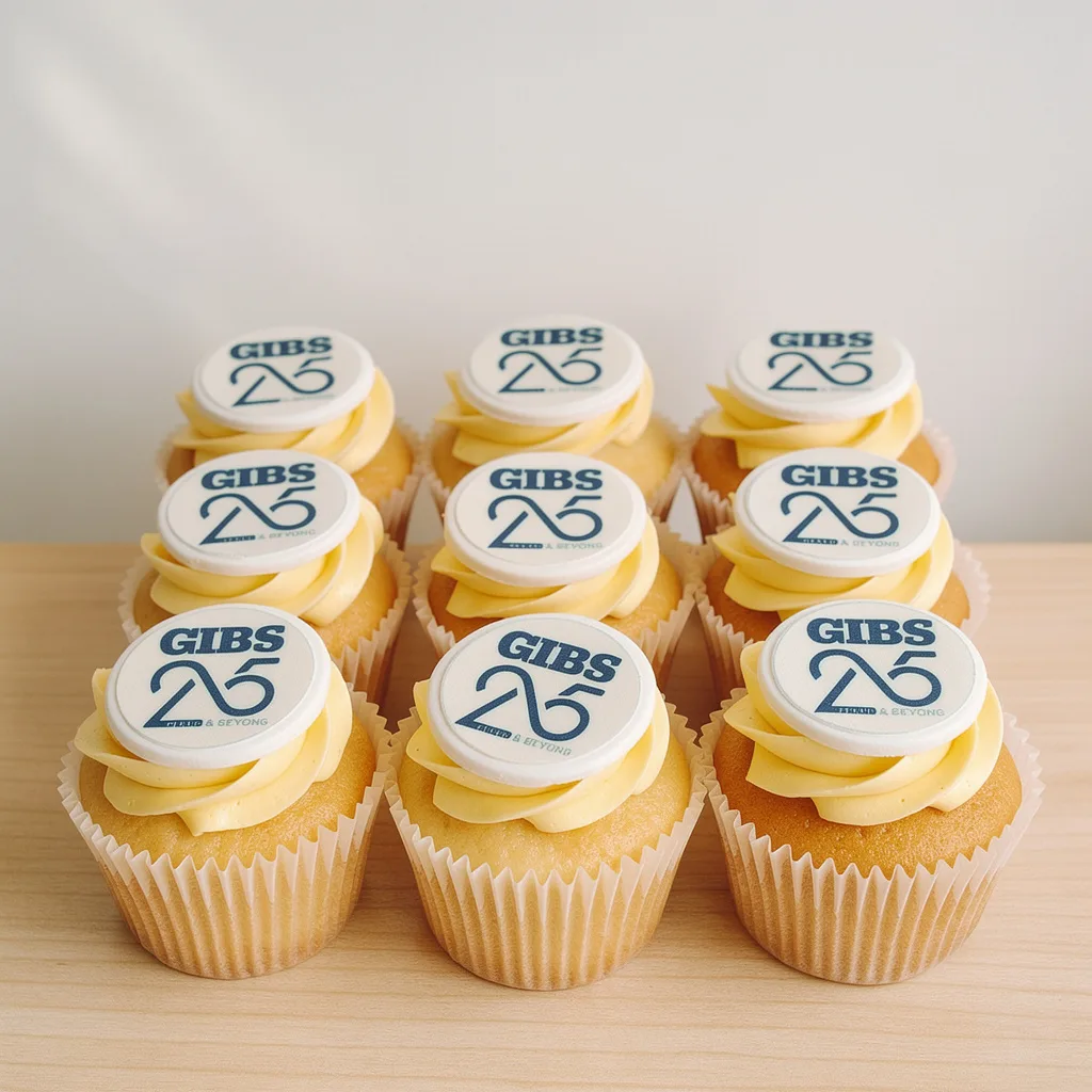 Nine vanilla cupcakes with pale yellow frosting topped with white edible discs featuring a blue logo