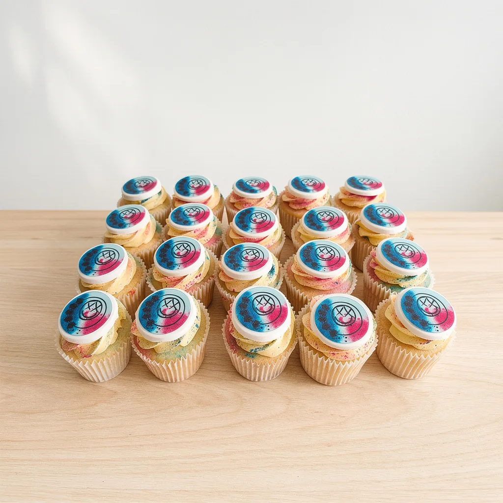 Set of 24 vanilla cupcakes with swirled pink and blue frosting topped with edible discs featuring a black logo