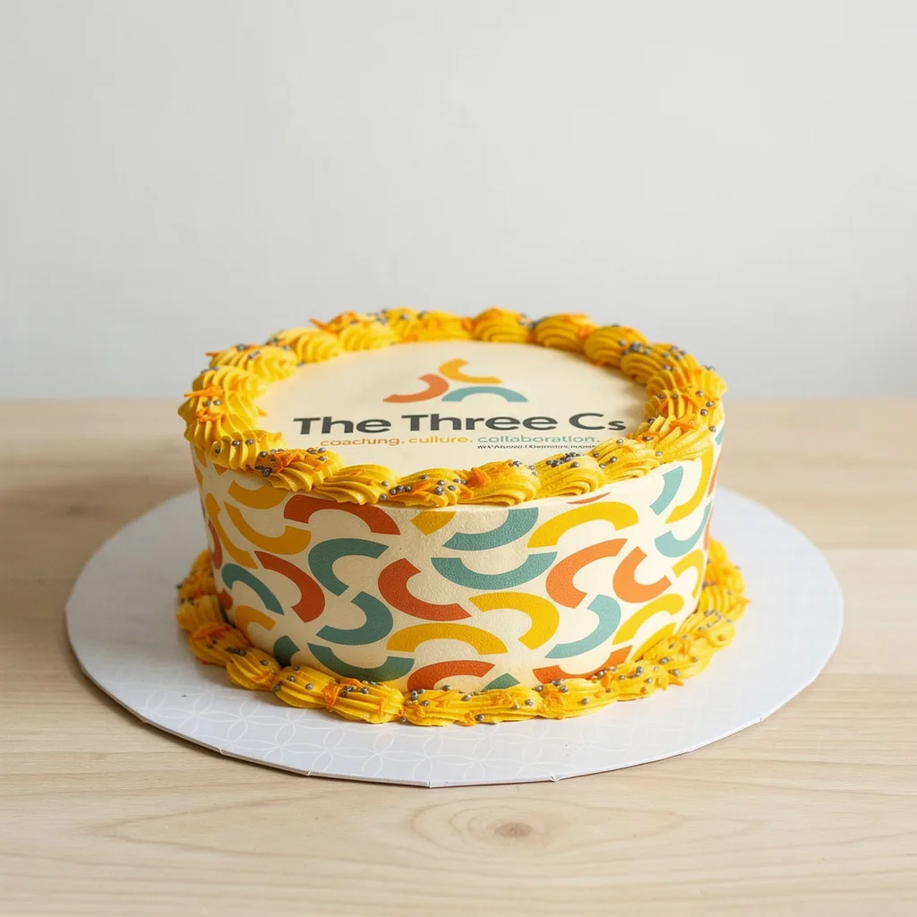 Round cake with colorful abstract pattern sides and a company logo on top with yellow piped borders and silver beads