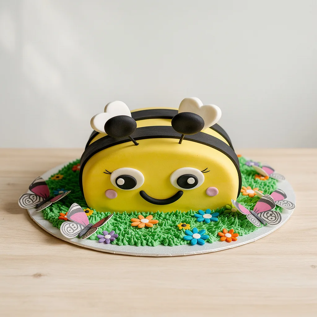 A smiling yellow bee-shaped cake with black stripes and heart-shaped antennae on a green grass base decorated with colorful…