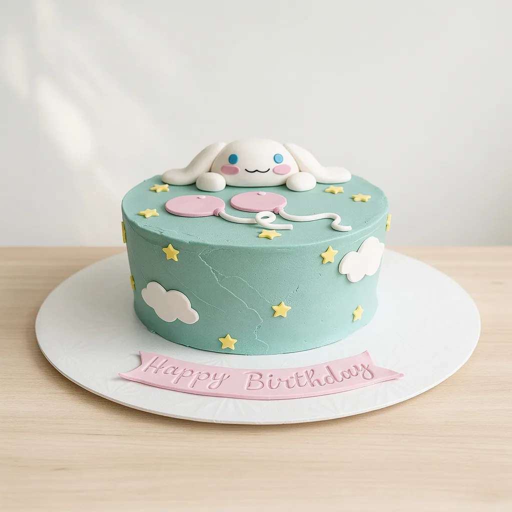 Round pastel blue birthday cake decorated with a cute white bunny, pink balloons, yellow stars, and white clouds