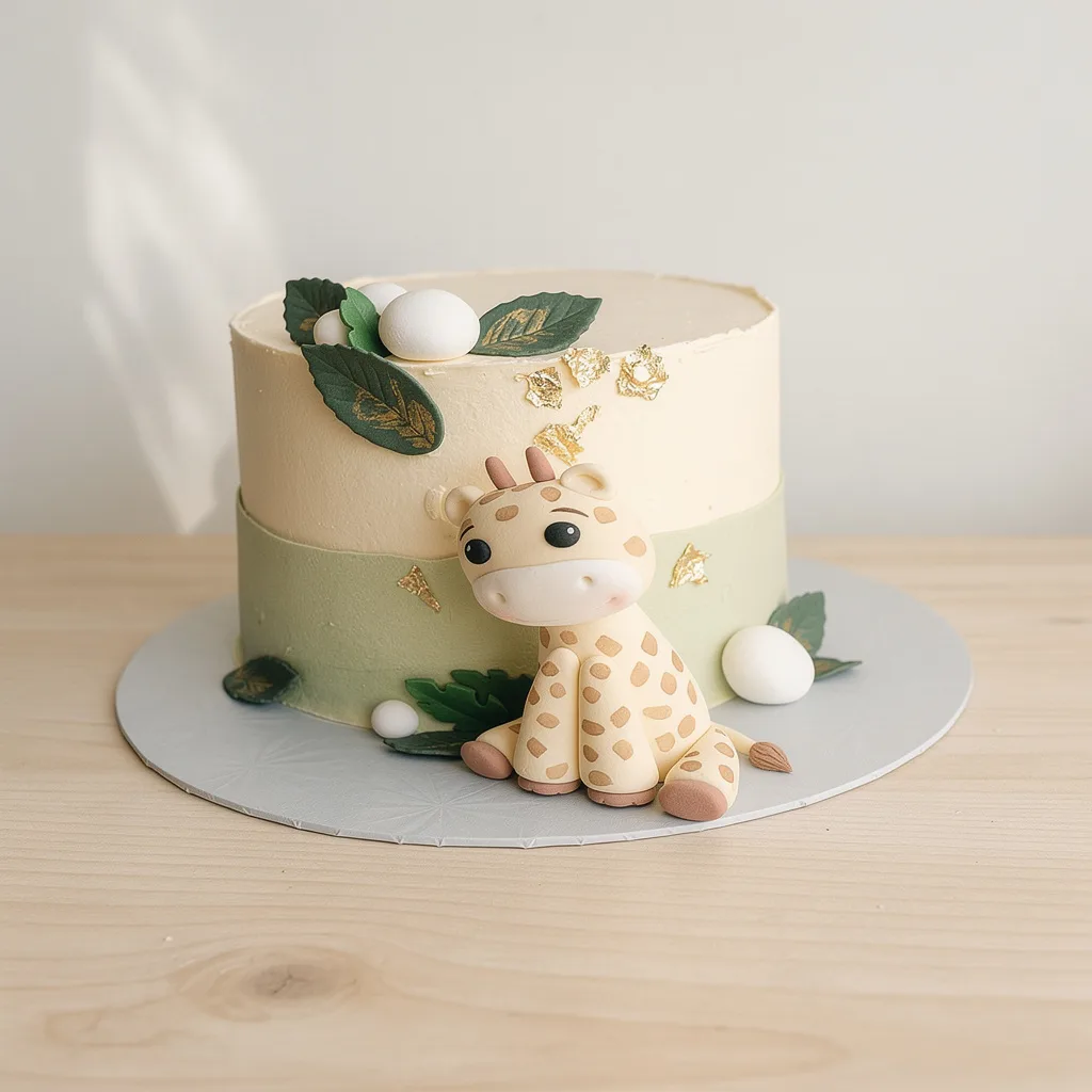 Two-tone cream and pale green cake with a cute fondant giraffe and edible leaves