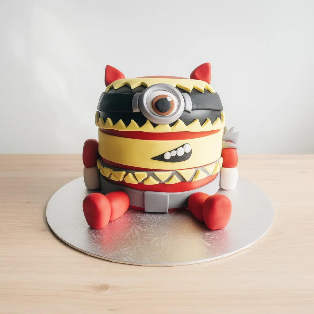 Colorful monster-shaped cake with one large eye in a silver goggle and red horns and feet