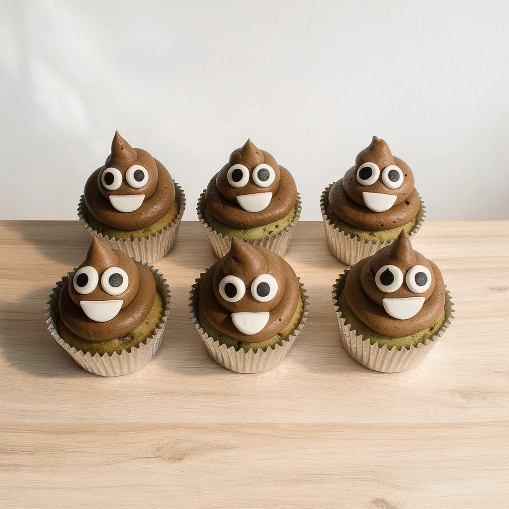 Six cupcakes with light green bases topped with swirled chocolate frosting shaped like smiling poop emojis with big eyes and…