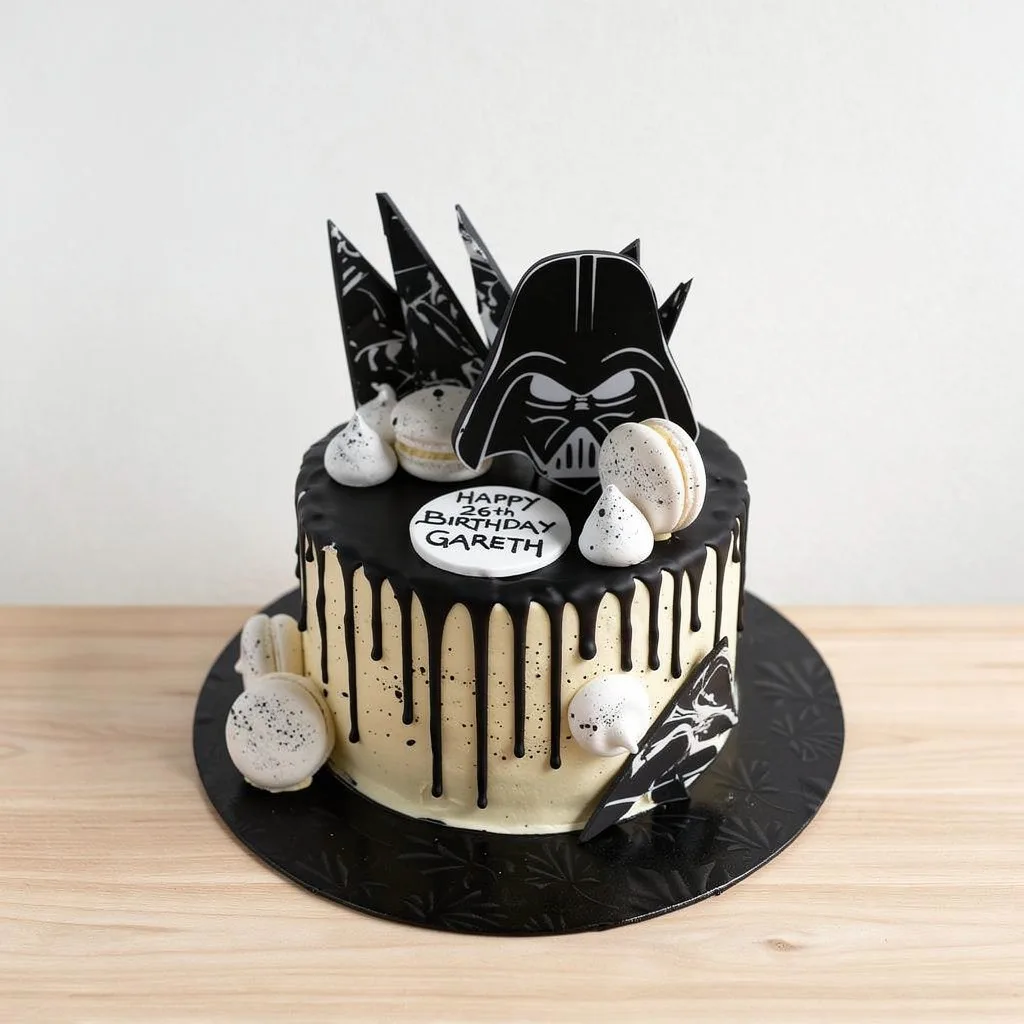 Black and cream drip cake topped with Darth Vader decoration, macarons, and meringue kisses