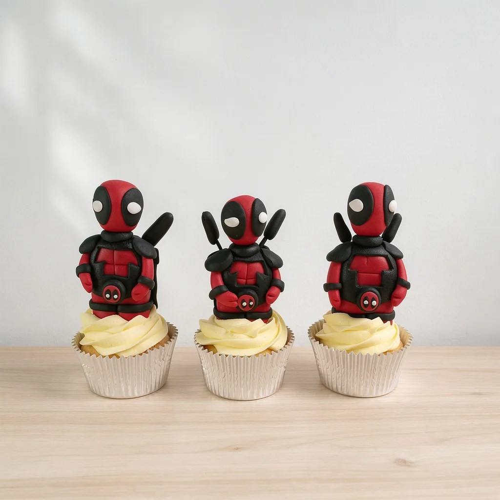 Three cupcakes with yellow frosting topped with red and black Deadpool-inspired fondant figures
