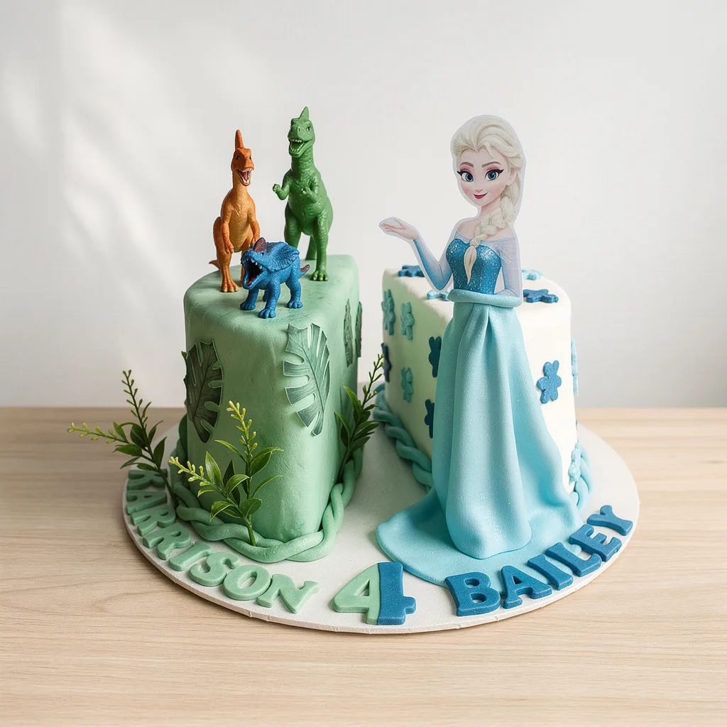 Two-section custom birthday cake with toy dinosaurs and an ice queen figure