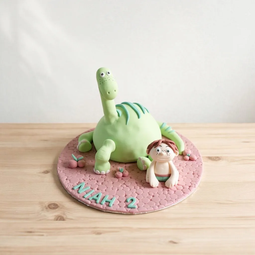 Light green fondant dinosaur with teal stripes and a small child figure on a pink textured base