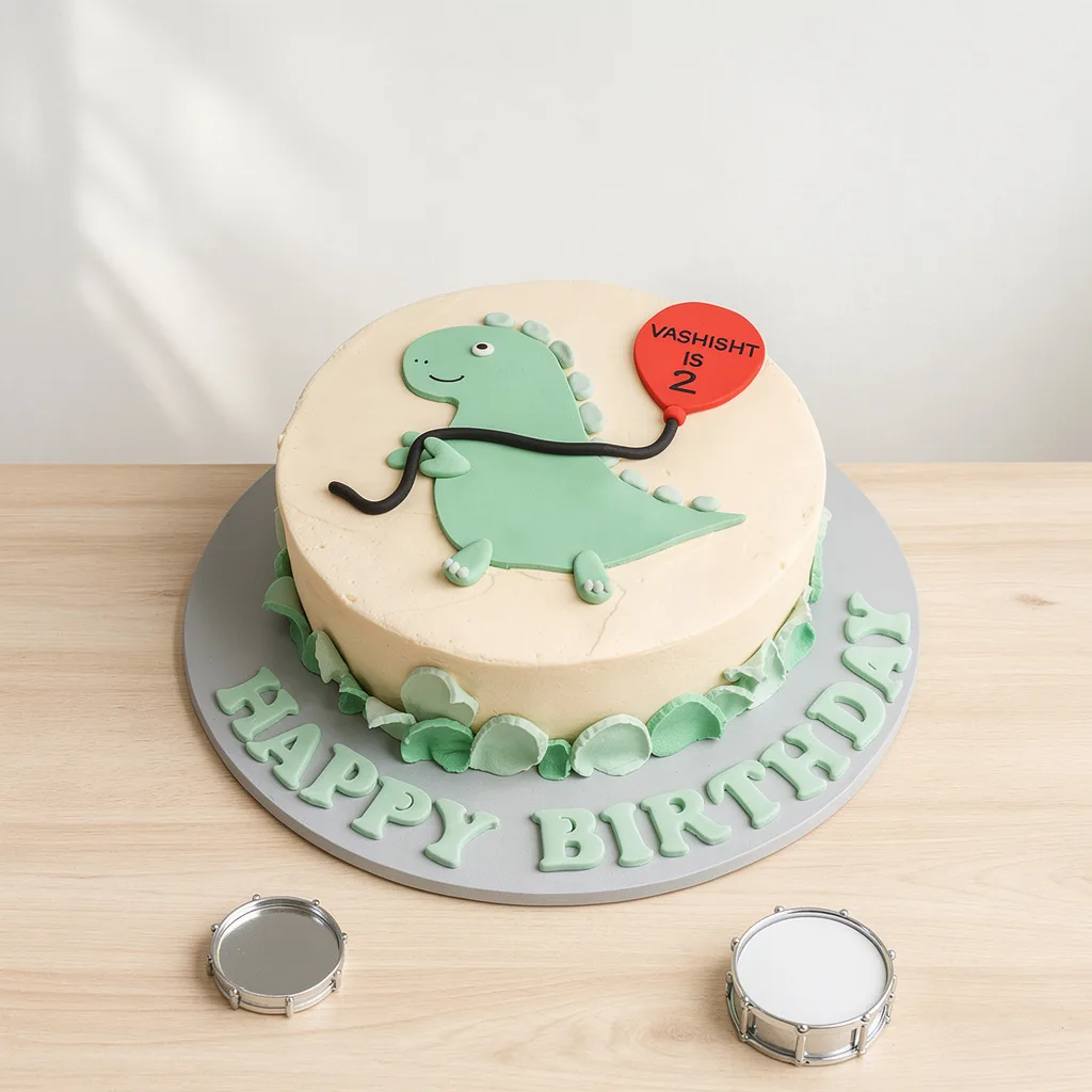 Round birthday cake with a green dinosaur holding a red balloon and mint green Happy Birthday letters